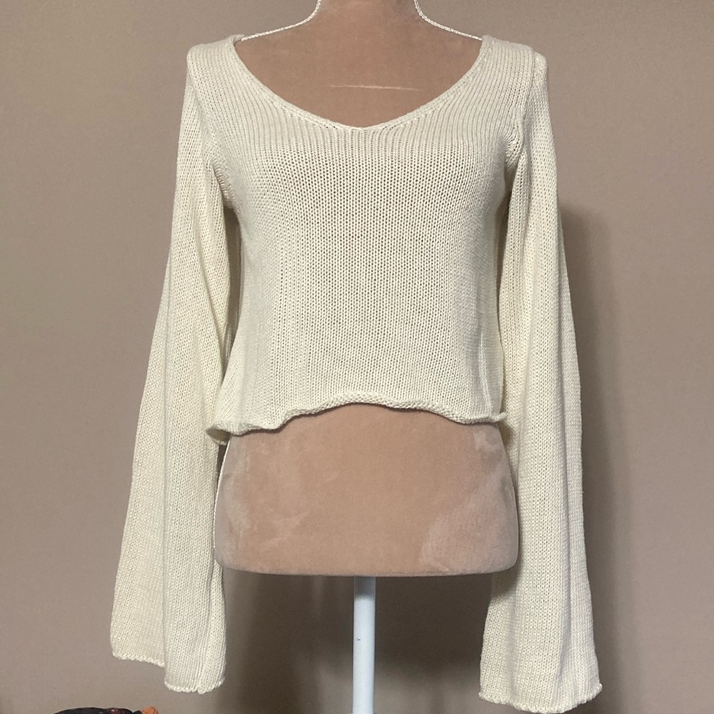 Cream V-Neck Crop Sweater with Cut Out Back and Bell Sleeves - made in Italy